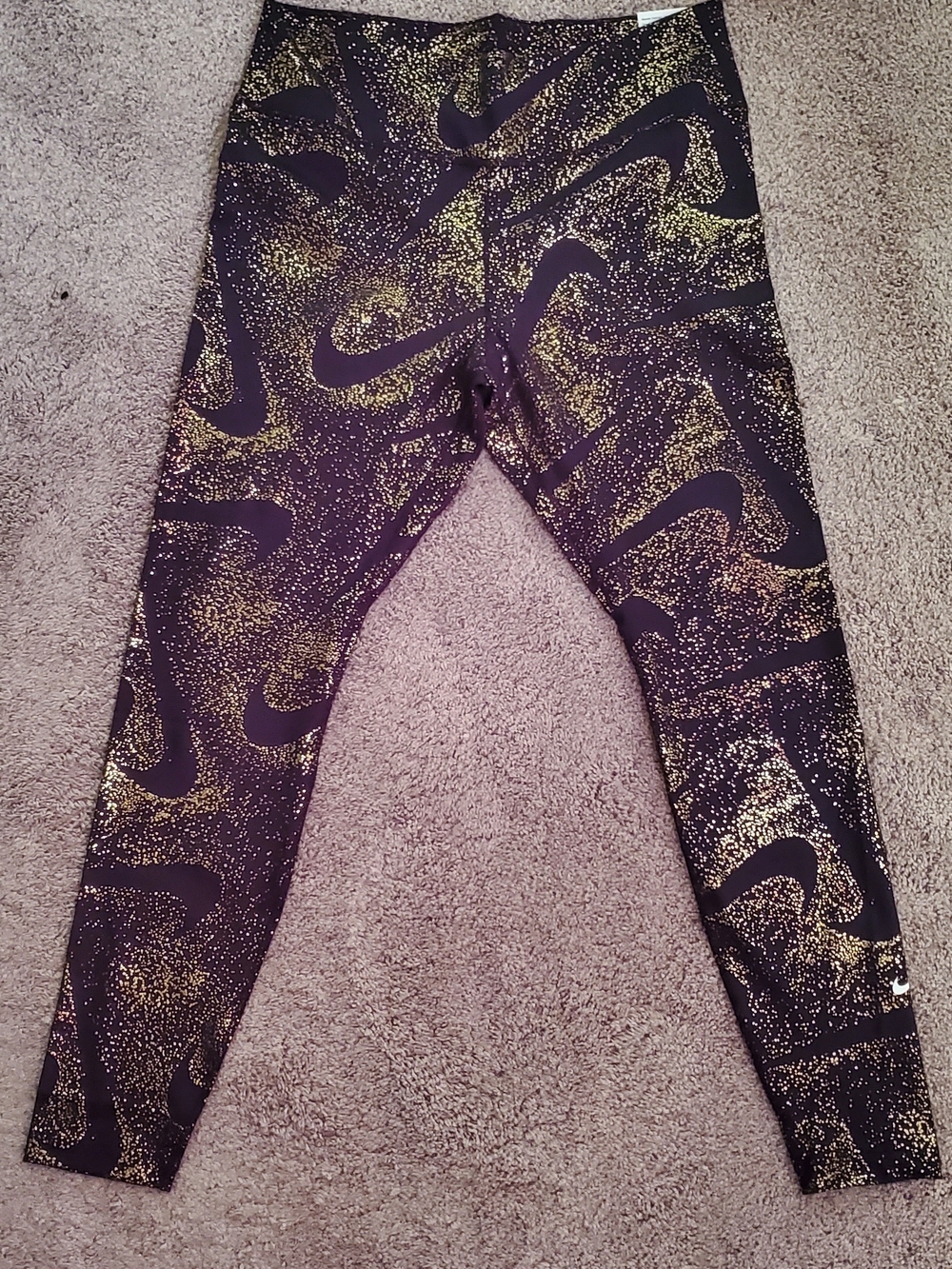 Nike Women's Black Leggings with Gold Speckle & Swoosh Print